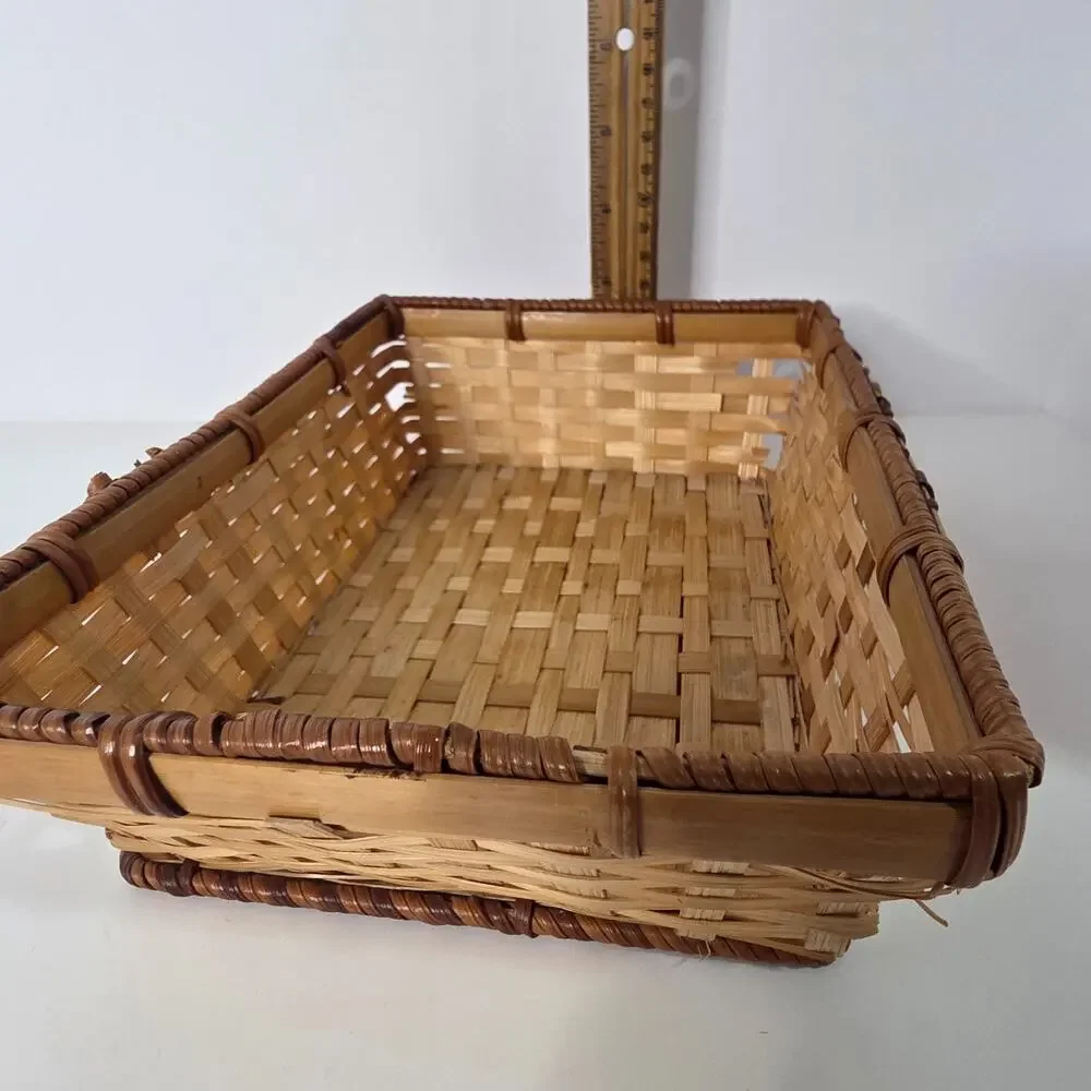 Small Rectangular Woven Bamboo Basket Tray Natural Brown Rustic Storage Decor